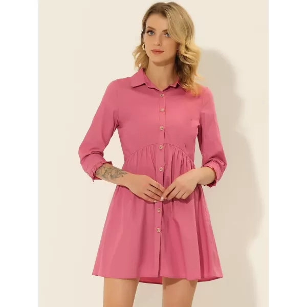 Allegra K Women's Casual Shirt Dress Ruched 3/4 Sleeve Button Up Mini Dresses