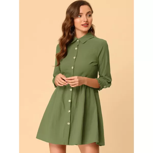 Allegra K Women's Casual Shirt Dress Ruched 3/4 Sleeve Button Up Mini Dresses