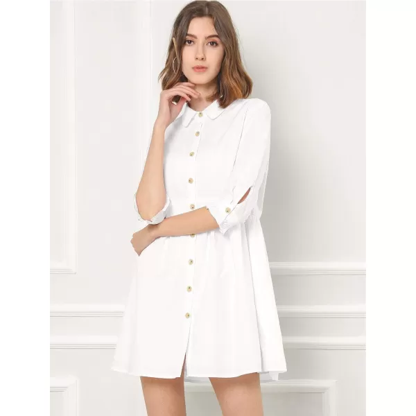 Allegra K Women's Casual Shirt Dress Ruched 3/4 Sleeve Button Up Mini Dresses