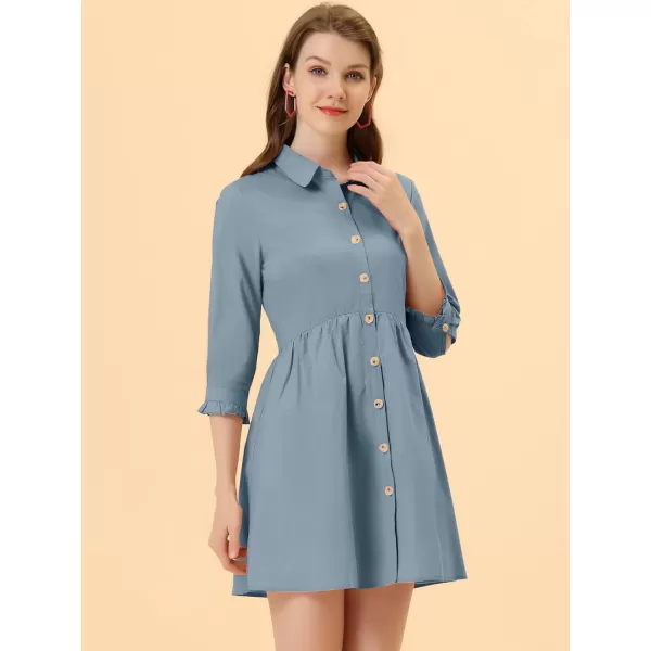 Allegra K Women's Casual Shirt Dress Ruched 3/4 Sleeve Button Up Mini Dresses