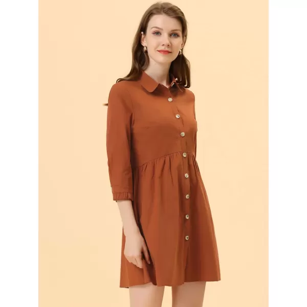 Allegra K Women's Casual Shirt Dress Ruched 3/4 Sleeve Button Up Mini Dresses