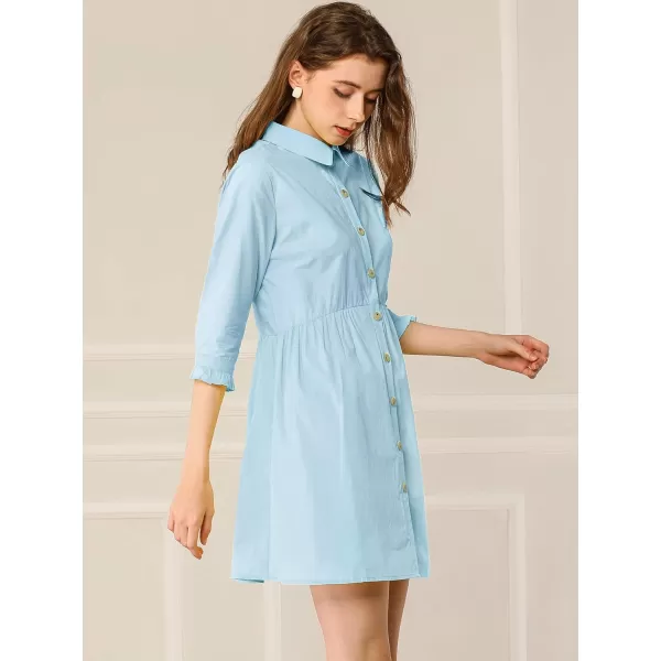 Allegra K Women's Casual Shirt Dress Ruched 3/4 Sleeve Button Up Mini Dresses