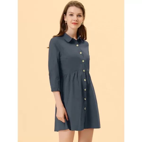 Allegra K Women's Casual Shirt Dress Ruched 3/4 Sleeve Button Up Mini Dresses