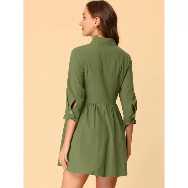 Allegra K Women's Casual Shirt Dress Ruched 3/4 Sleeve Button Up Mini Dresses