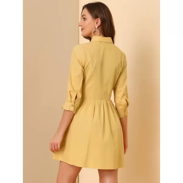 Allegra K Women's Casual Shirt Dress Ruched 3/4 Sleeve Button Up Mini Dresses