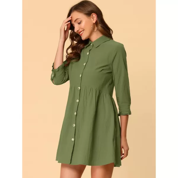 Allegra K Women's Casual Shirt Dress Ruched 3/4 Sleeve Button Up Mini Dresses