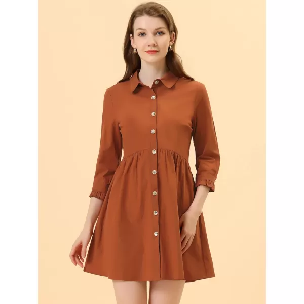 Allegra K Women's Casual Shirt Dress Ruched 3/4 Sleeve Button Up Mini Dresses