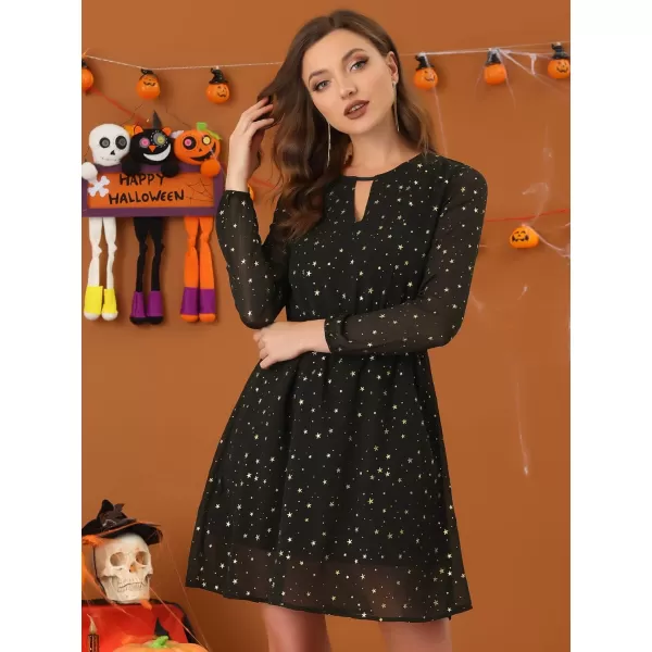 Allegra K Women's Choker V Neck Gilding Metallic Star Halloween Party Flared A-Line Dress
