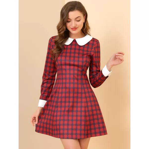 Allegra K Women's Christmas Peter Pan Collar Fit and Flare Mini Plaid Tartan Dress