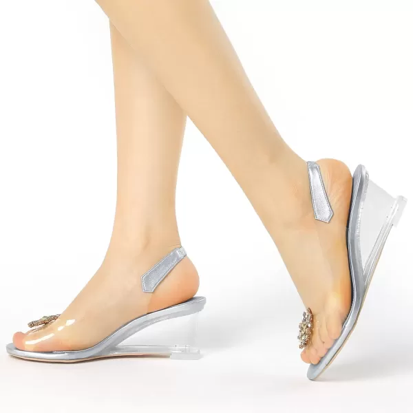 Allegra K Women's Clear Slingback Wedges Rhinestone Transparent Peep Toe Heels