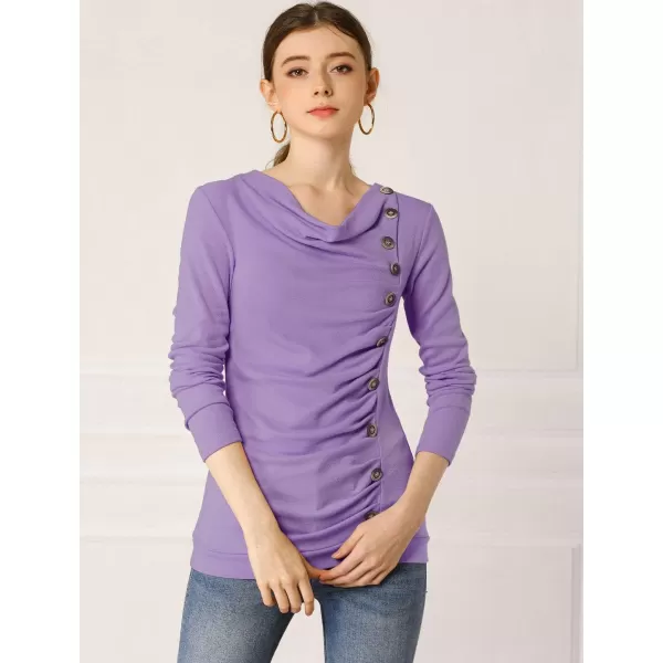 Allegra K Women's Cowl Neck Long Sleeves Buttons Decor Ruched Top