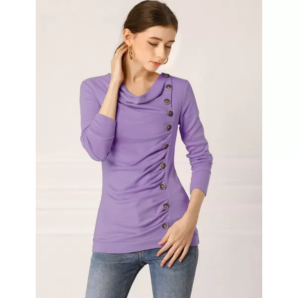 Allegra K Women's Cowl Neck Long Sleeves Buttons Decor Ruched Top