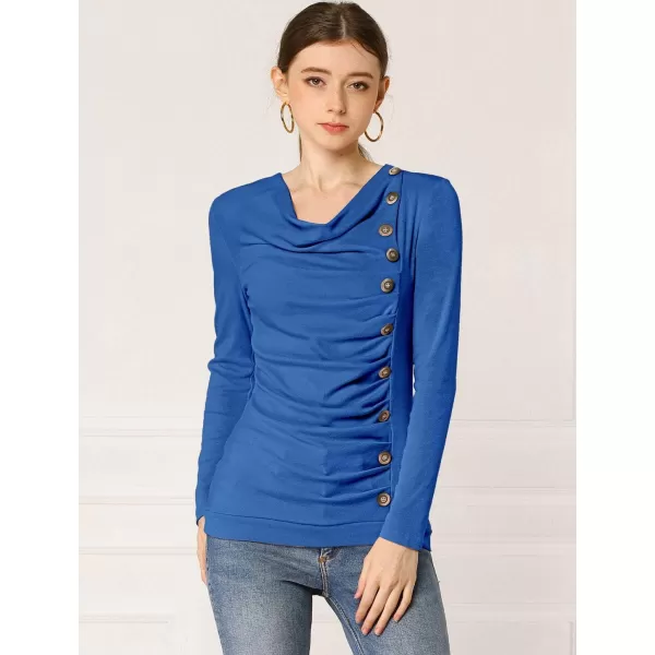 Allegra K Women's Cowl Neck Long Sleeves Buttons Decor Ruched Top