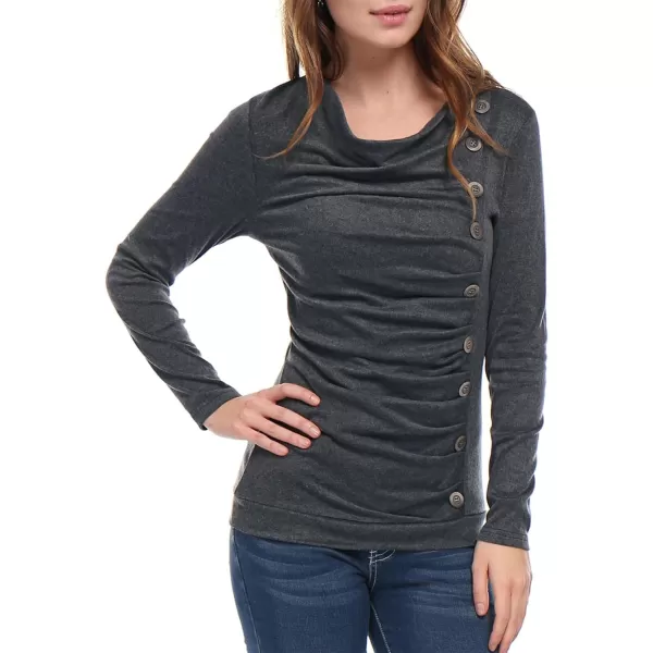 Allegra K Women's Cowl Neck Long Sleeves Buttons Decor Ruched Top