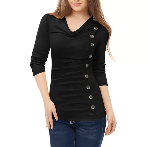 Allegra K Women's Cowl Neck Long Sleeves Buttons Decor Ruched Top