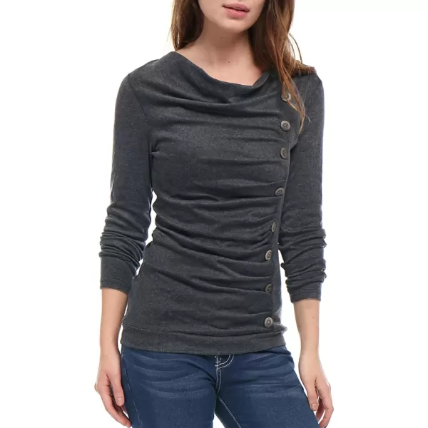 Allegra K Women's Cowl Neck Long Sleeves Buttons Decor Ruched Top