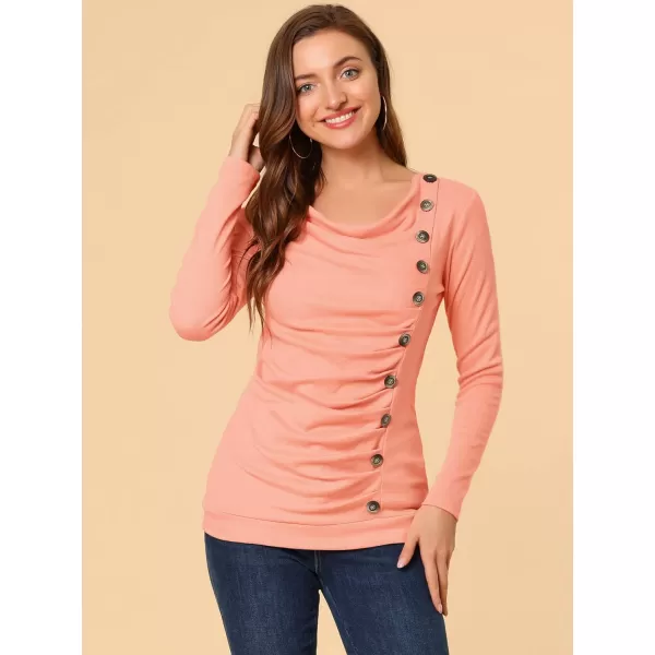 Allegra K Women's Cowl Neck Long Sleeves Buttons Decor Ruched Top