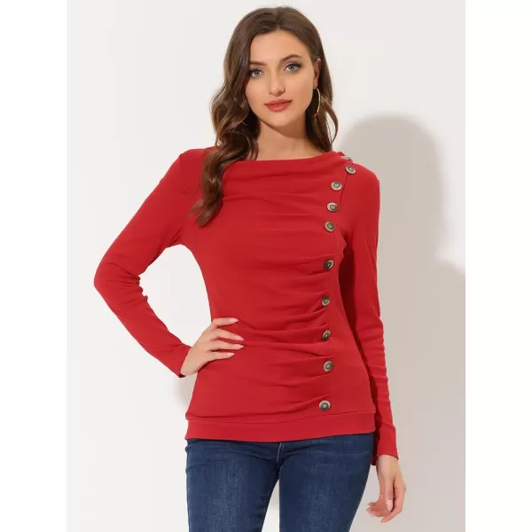 Allegra K Women's Cowl Neck Long Sleeves Buttons Decor Ruched Top
