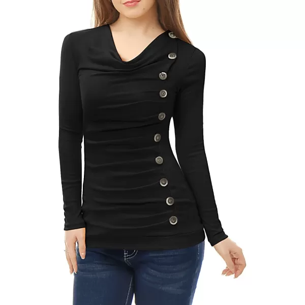 Allegra K Women's Cowl Neck Long Sleeves Buttons Decor Ruched Top