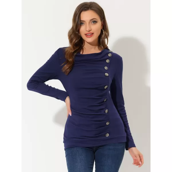 Allegra K Women's Cowl Neck Long Sleeves Buttons Decor Ruched Top