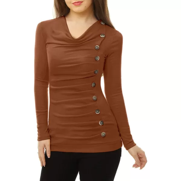 Allegra K Women's Cowl Neck Long Sleeves Buttons Decor Ruched Top