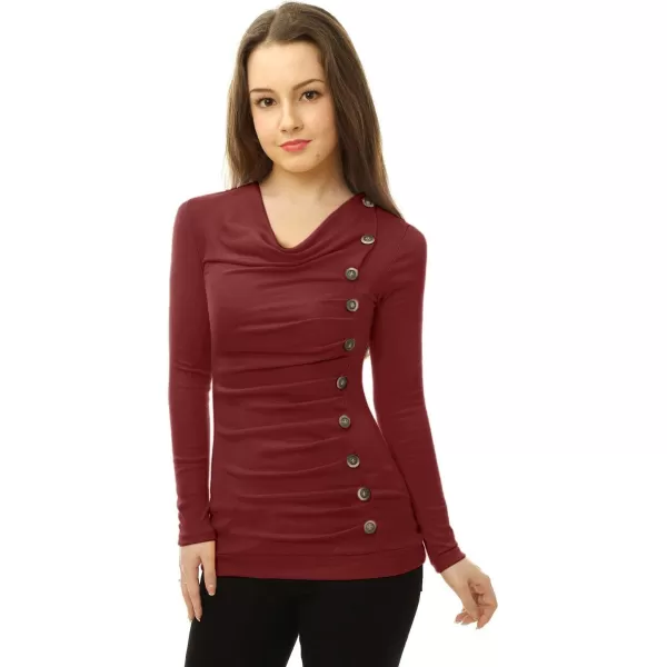 Allegra K Women's Cowl Neck Long Sleeves Buttons Decor Ruched Top