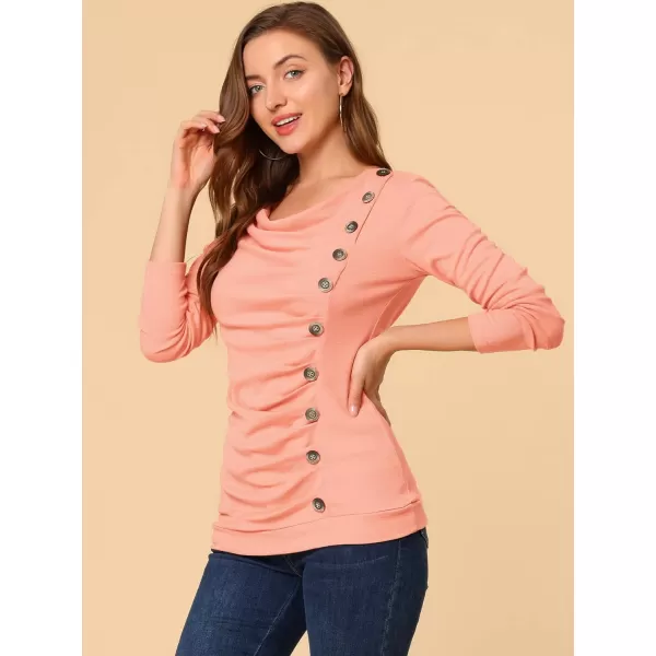 Allegra K Women's Cowl Neck Long Sleeves Buttons Decor Ruched Top