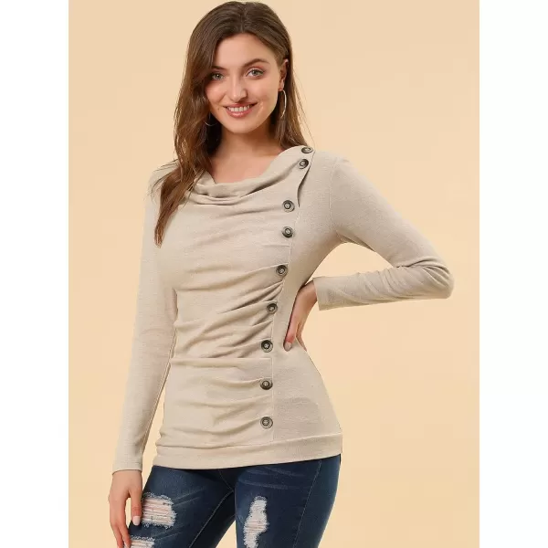 Allegra K Women's Cowl Neck Long Sleeves Buttons Decor Ruched Top