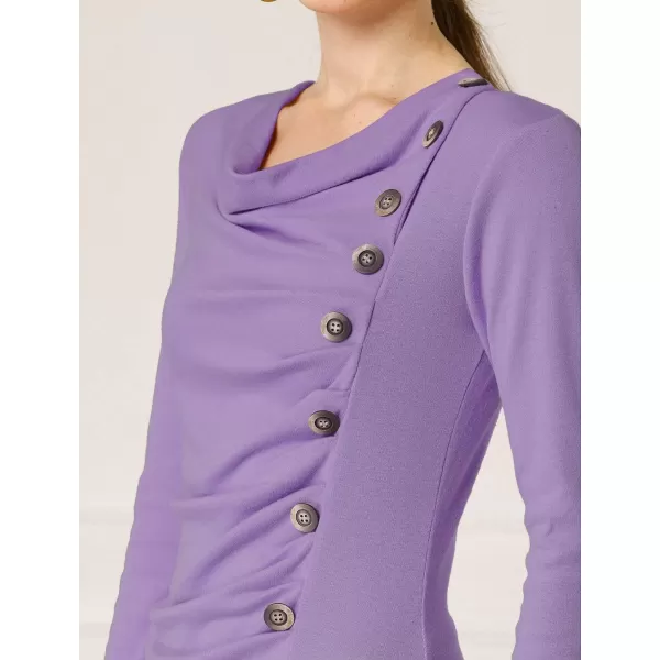 Allegra K Women's Cowl Neck Long Sleeves Buttons Decor Ruched Top