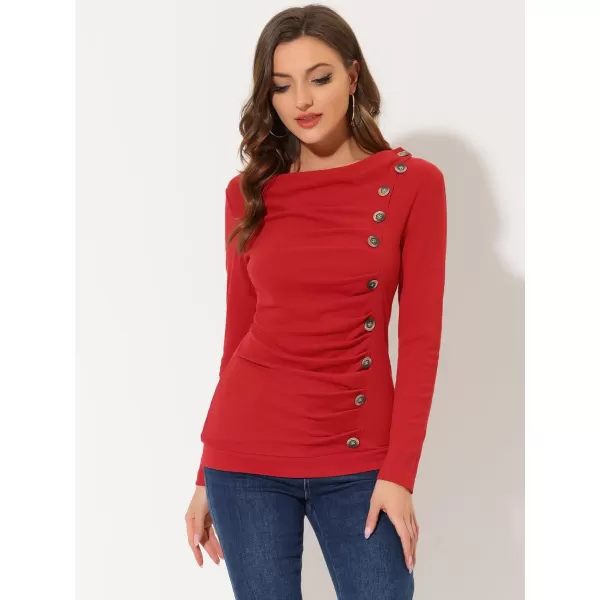 Allegra K Women's Cowl Neck Long Sleeves Buttons Decor Ruched Top
