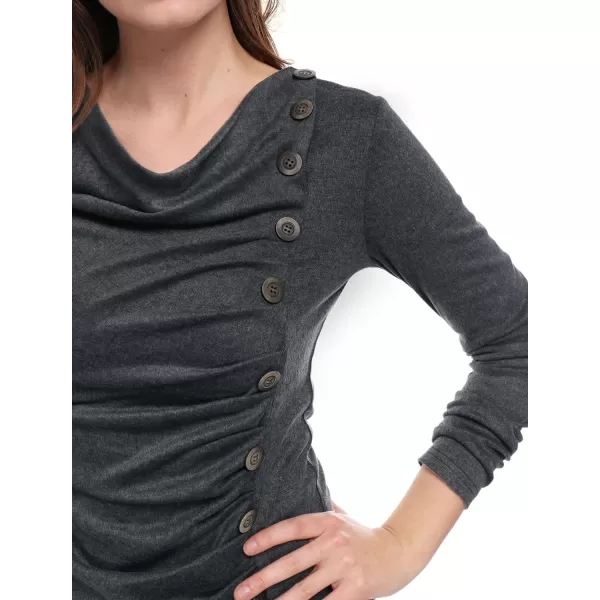 Allegra K Women's Cowl Neck Long Sleeves Buttons Decor Ruched Top