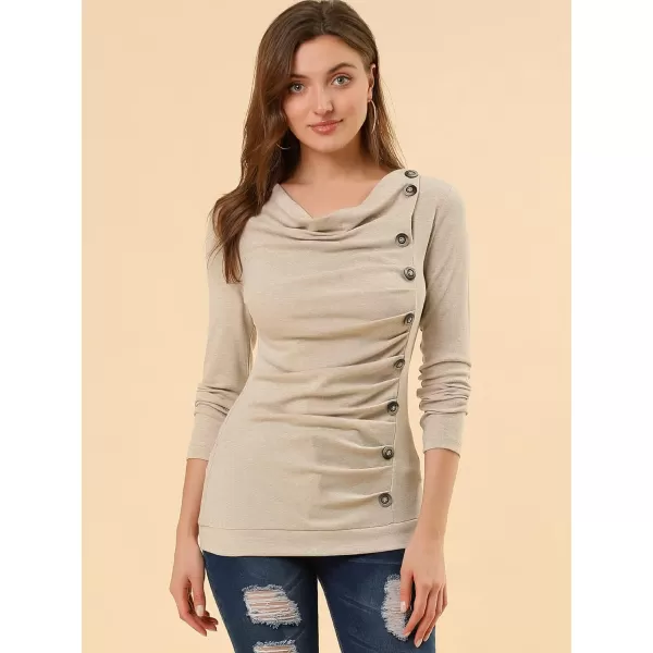 Allegra K Women's Cowl Neck Long Sleeves Buttons Decor Ruched Top