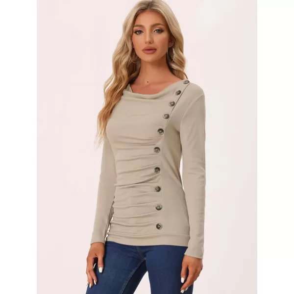 Allegra K Women's Cowl Neck Long Sleeves Buttons Decor Ruched Top