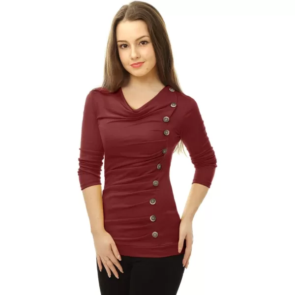 Allegra K Women's Cowl Neck Long Sleeves Buttons Decor Ruched Top