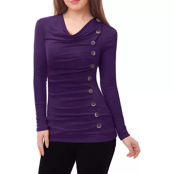 Allegra K Women's Cowl Neck Long Sleeves Buttons Decor Ruched Top