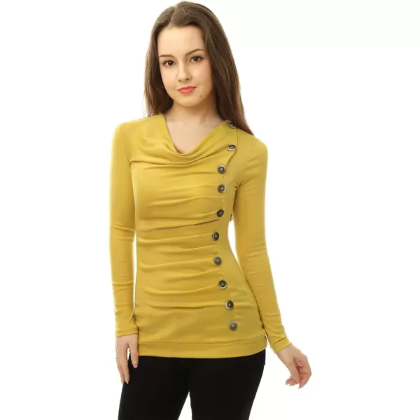 Allegra K Women's Cowl Neck Long Sleeves Buttons Decor Ruched Top