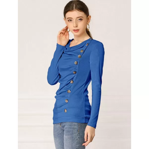 Allegra K Women's Cowl Neck Long Sleeves Buttons Decor Ruched Top