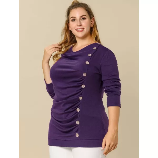 Allegra K Women's Cowl Neck Long Sleeves Buttons Decor Ruched Top