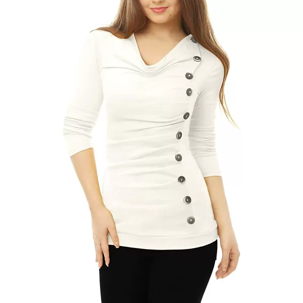 Allegra K Women's Cowl Neck Long Sleeves Buttons Decor Ruched Top