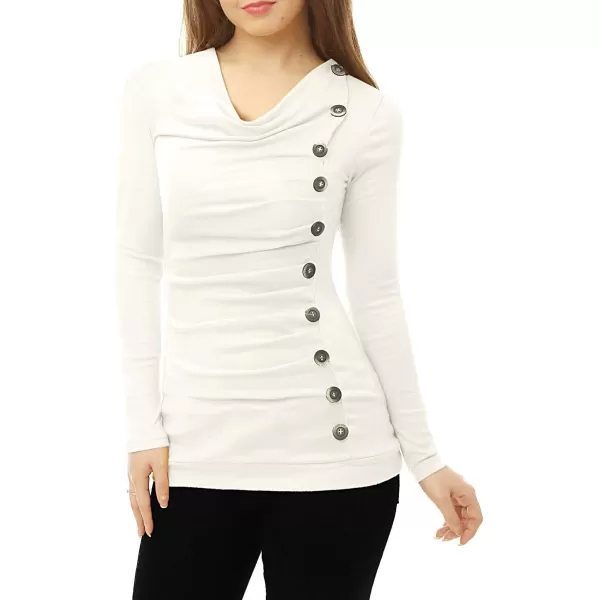 Allegra K Women's Cowl Neck Long Sleeves Buttons Decor Ruched Top