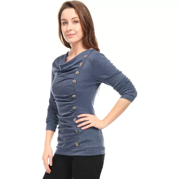 Allegra K Women's Cowl Neck Long Sleeves Buttons Decor Ruched Top