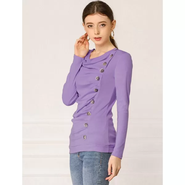 Allegra K Women's Cowl Neck Long Sleeves Buttons Decor Ruched Top