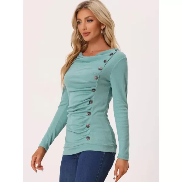 Allegra K Women's Cowl Neck Long Sleeves Buttons Decor Ruched Top