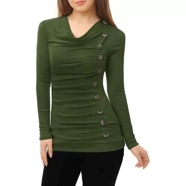 Allegra K Women's Cowl Neck Long Sleeves Buttons Decor Ruched Top