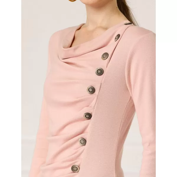 Allegra K Women's Cowl Neck Long Sleeves Buttons Decor Ruched Top