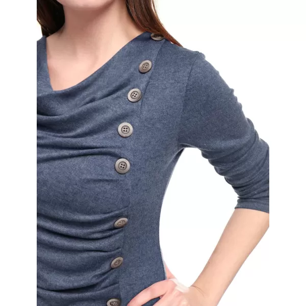 Allegra K Women's Cowl Neck Long Sleeves Buttons Decor Ruched Top