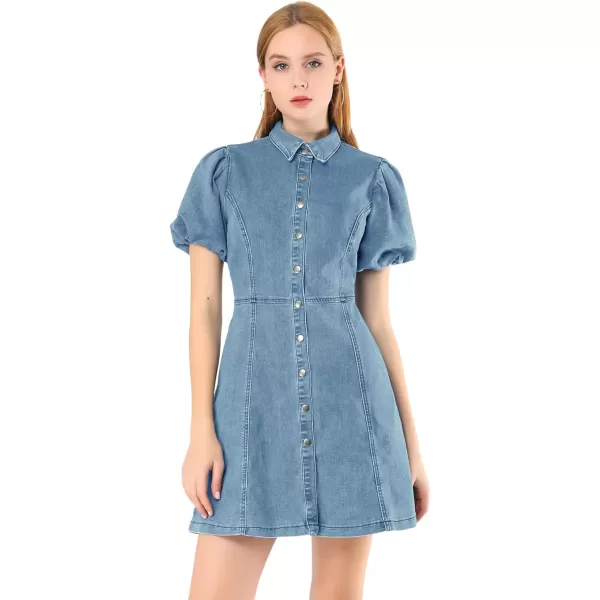 Allegra K Women's Denim Dress Button Down Pockets Puff Sleeve Collared Jean Dresses