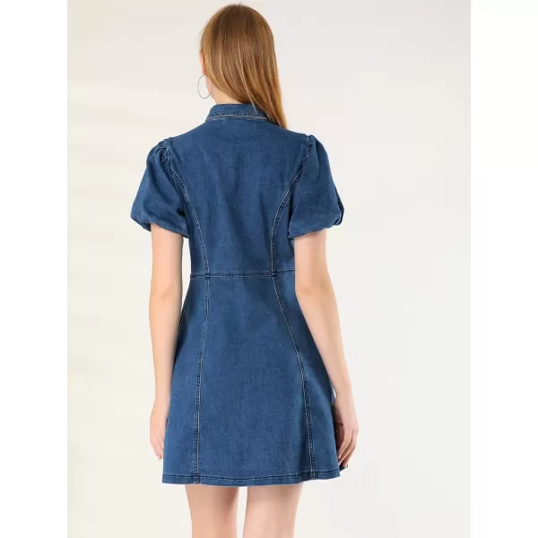 Allegra K Women's Denim Dress Button Down Pockets Puff Sleeve Collared Jean Dresses