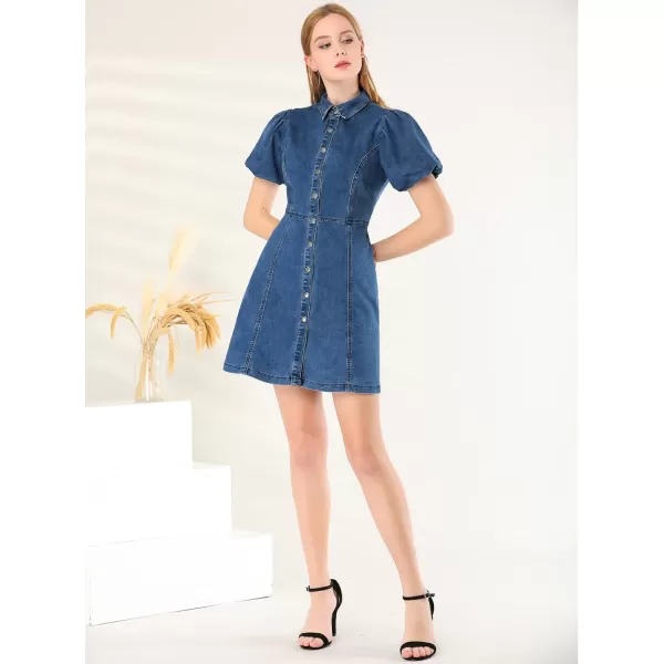 Allegra K Women's Denim Dress Button Down Pockets Puff Sleeve Collared Jean Dresses