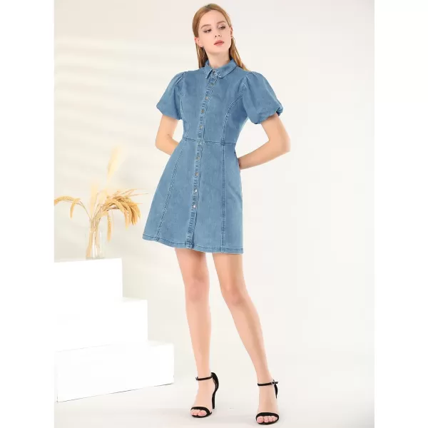 Allegra K Women's Denim Dress Button Down Pockets Puff Sleeve Collared Jean Dresses